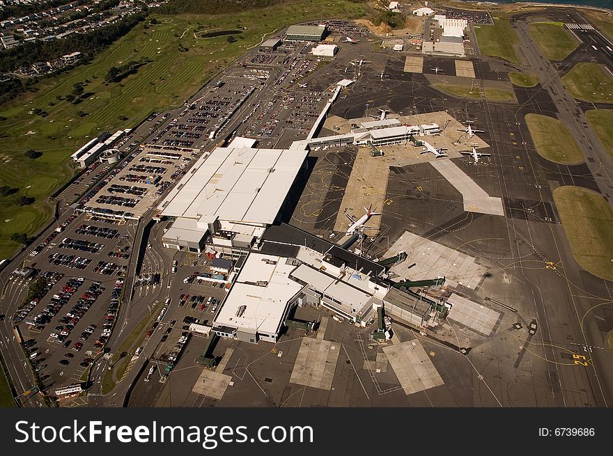 Aerial view of domestic and international termimals at Wellington Airport. Aerial view of domestic and international termimals at Wellington Airport
