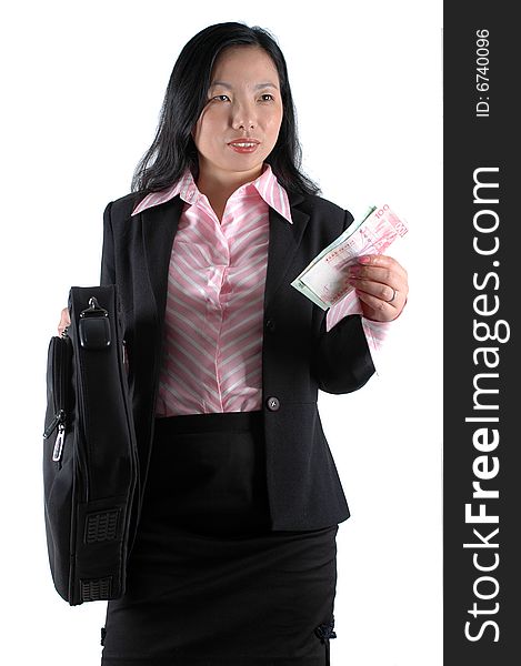 Businesswoman with money and suitcase