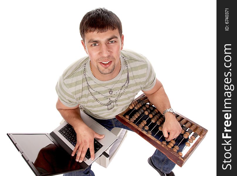 Modernity vs. old-fashionedness: young handsome guy with laptop and counting frame, isolated on white background. Modernity vs. old-fashionedness: young handsome guy with laptop and counting frame, isolated on white background