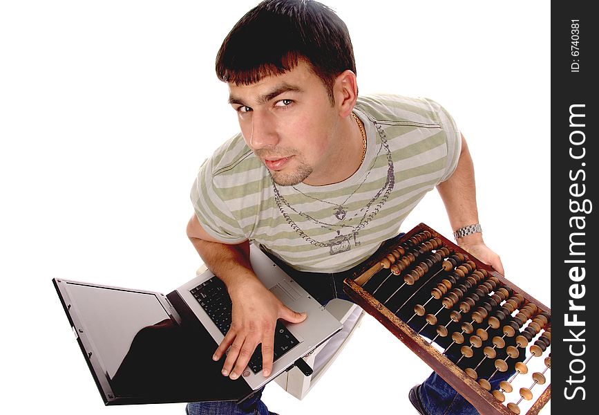 Modernity vs. old-fashionedness: young handsome guy with laptop and counting frame, isolated on white background. Modernity vs. old-fashionedness: young handsome guy with laptop and counting frame, isolated on white background