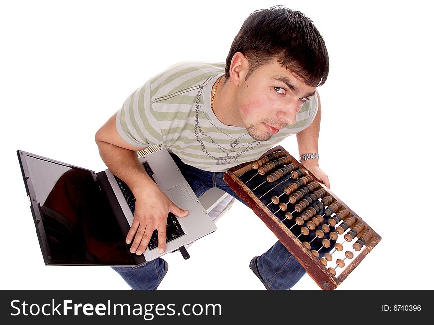 Modernity vs. old-fashionedness: young handsome guy with laptop and counting frame, isolated on white background. Modernity vs. old-fashionedness: young handsome guy with laptop and counting frame, isolated on white background