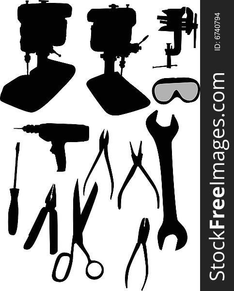 Illustration with different tools silhouettes isolated on white background. Illustration with different tools silhouettes isolated on white background