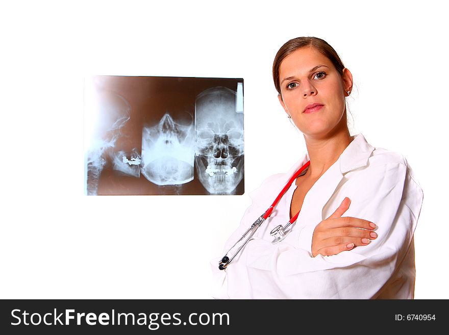 A young female doctor with a stethoscope around the neck ready for examination. Isolated over white.