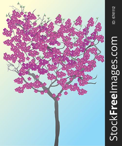 Illustration with pink tree on blue background