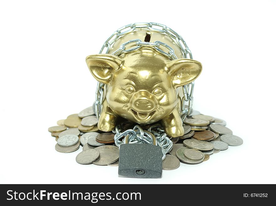 Piggy bank  isolated on white background with coins. Piggy bank  isolated on white background with coins
