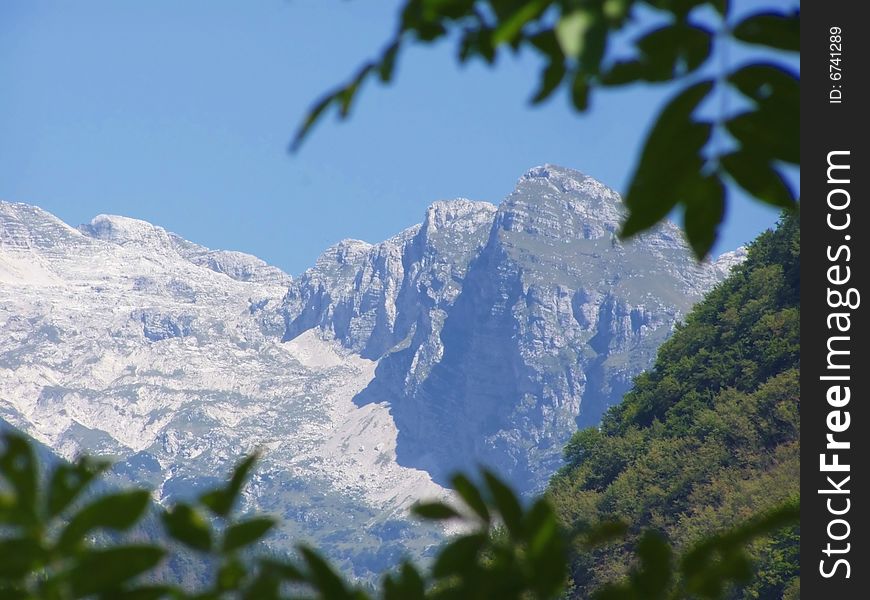 View of the focused mountains through green leaves' frame, clear blue sky