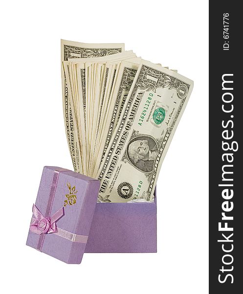 Bunch of one-dollar bills in a lilac gift box (isolated on white). Bunch of one-dollar bills in a lilac gift box (isolated on white)