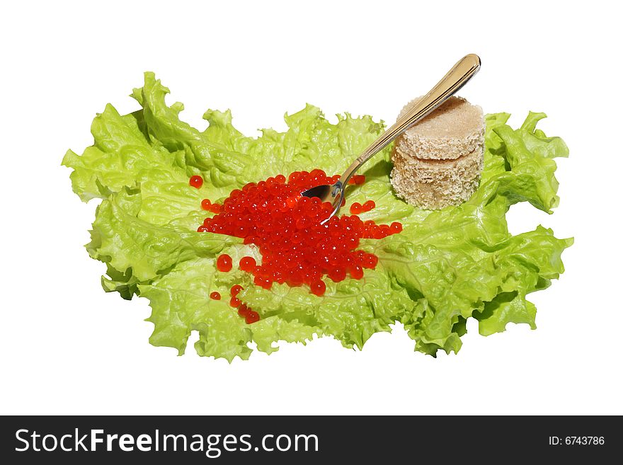 Red caviar  with bread on lettuce. Red caviar  with bread on lettuce