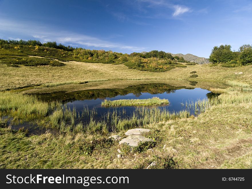 Alpine lake, reflection in the water, grass, blue sky