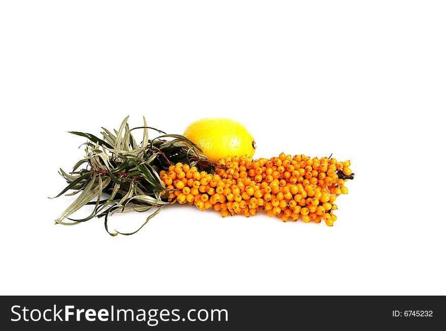Sea-buckthorn and lemon isolated on a white background. Sea-buckthorn and lemon isolated on a white background.