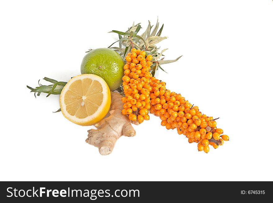 Sea-buckthorn,lemons and ginger isolated on a white background. Sea-buckthorn,lemons and ginger isolated on a white background.