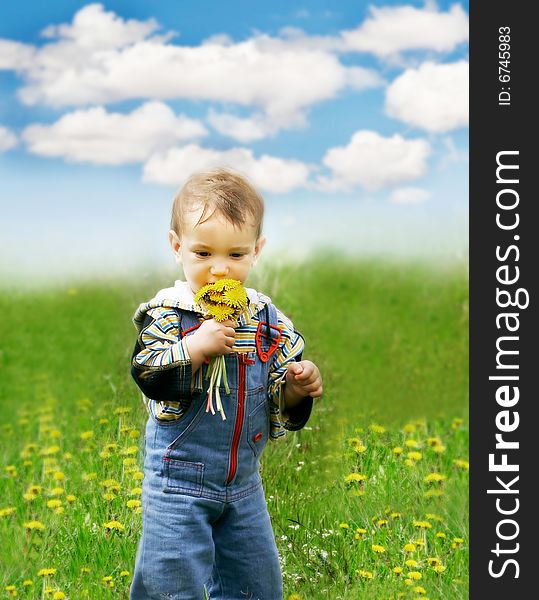 Baby boy with dandelions on sky background