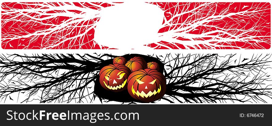 Pumpkins and bats against clumsy branches of trees. Pumpkins and bats against clumsy branches of trees