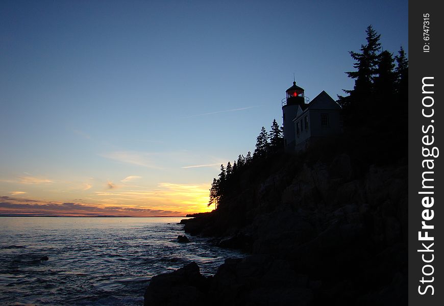 Sunset at a light house in Acadia National Park, Maine