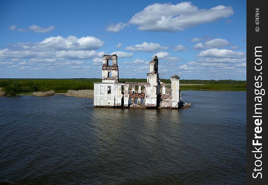 An abandon fortress sits in the middle of Volga river. An abandon fortress sits in the middle of Volga river