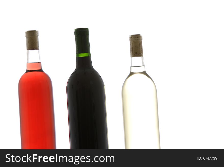 Three wine bottle red, white and rose in a row. Three wine bottle red, white and rose in a row