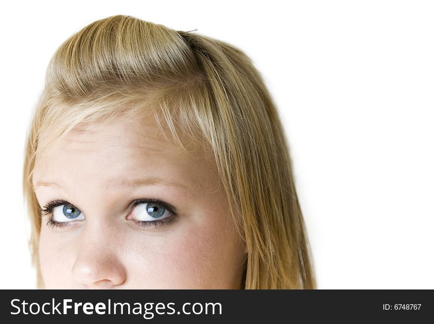 Young teenage girl looking to her left with a sad or thoughtful expression. Isolated on white background. See my portfolio for other expressions in this series. Young teenage girl looking to her left with a sad or thoughtful expression. Isolated on white background. See my portfolio for other expressions in this series.