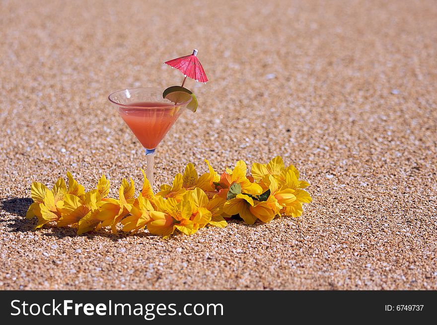 Tropical Drink on Sandy Beach Shoreline. Tropical Drink on Sandy Beach Shoreline