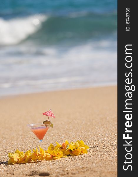 Tropical Drink on Sandy Beach Shoreline. Tropical Drink on Sandy Beach Shoreline