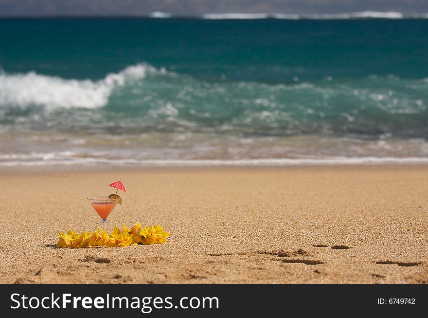 Tropical Drink on Sandy Beach Shoreline. Tropical Drink on Sandy Beach Shoreline