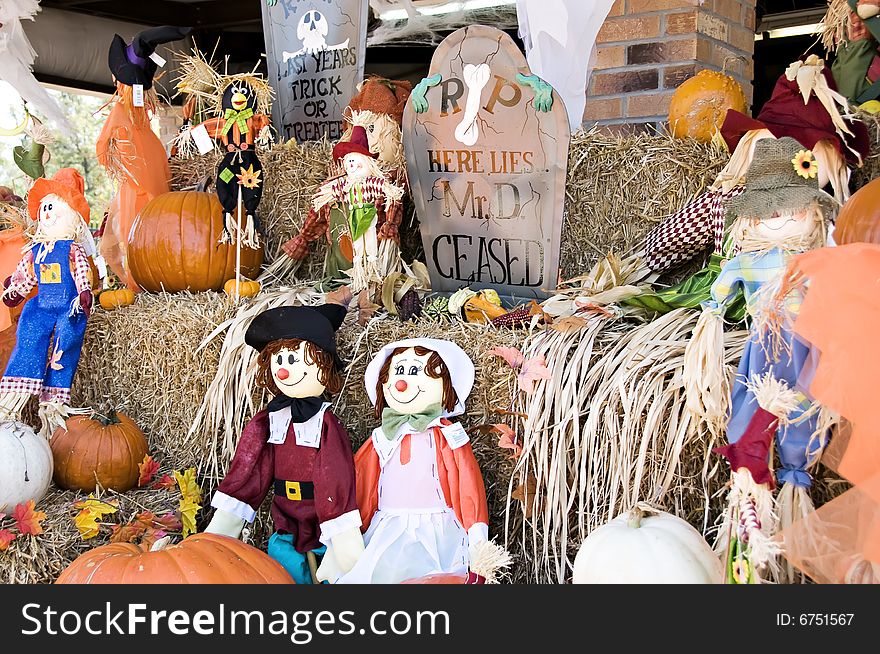 A display of fall, halloween and Thanksgiving decorations. A display of fall, halloween and Thanksgiving decorations.