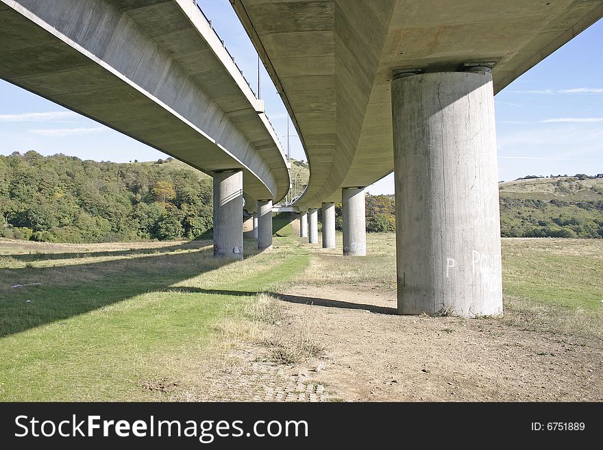 The concrete structure below a motorway flyover. The concrete structure below a motorway flyover