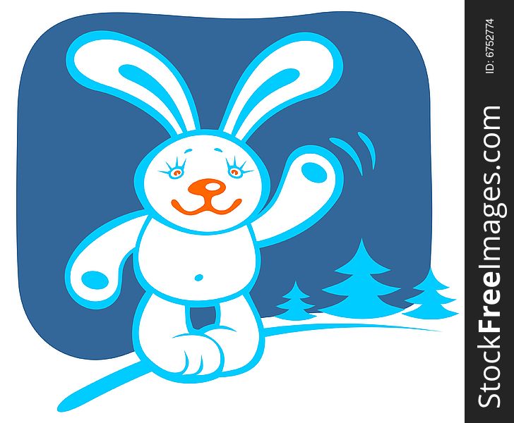 Cartoon  rabbit on a blue winter background with trees. Cartoon  rabbit on a blue winter background with trees.