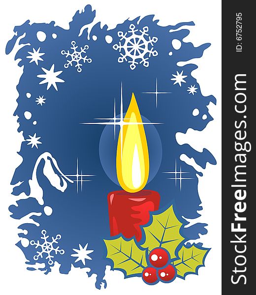 Stylized christmas candle and holly berry on a  blue background.