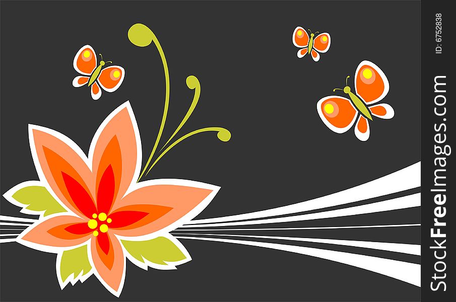 Cartoon flower and butterflies on a black striped background.