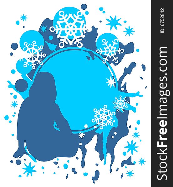 Sitting girl silhouette on a blue background with snowflakes. Sitting girl silhouette on a blue background with snowflakes.