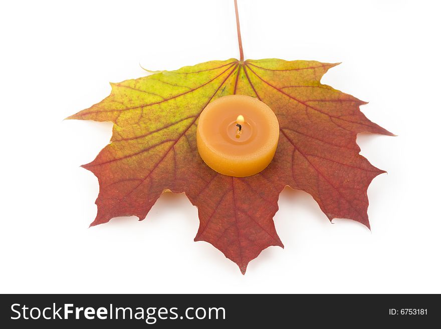 Single autumn maple leaf with a tea light