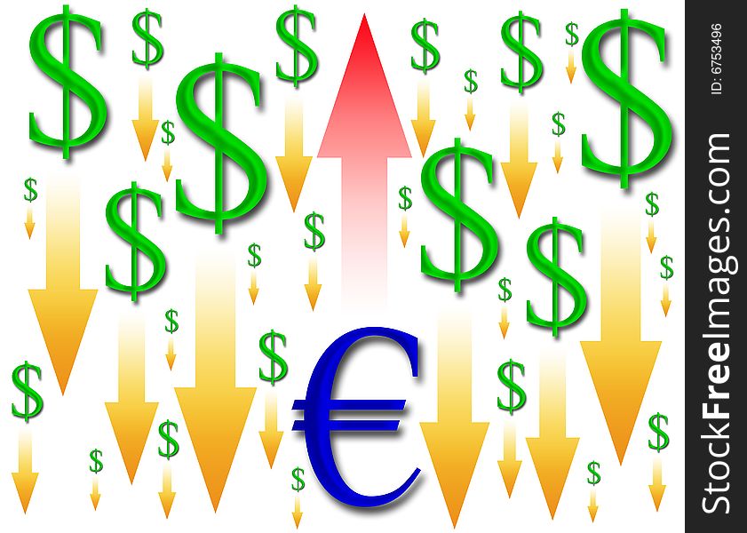 Image of the euro rising and the dollar area decreased. Image of the euro rising and the dollar area decreased