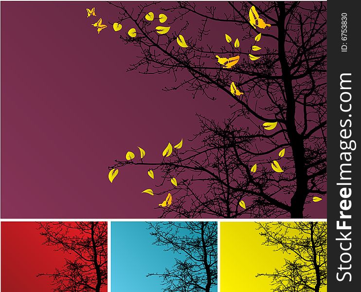 Autumn tree background with yellow leaves and butterflies