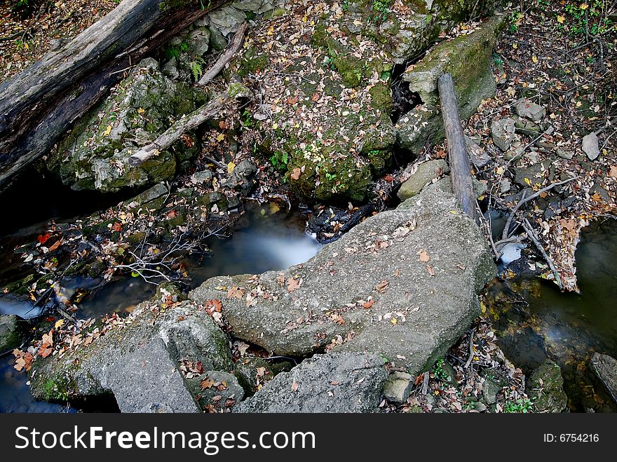 This is an Autumn scene.It contains many elements of a fall scene. It has fallen timber, water, leaves and other objects that remind us of fall.