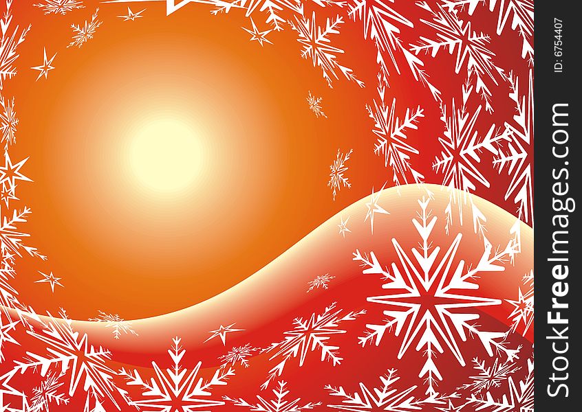 Snow flakes to the background color, sunset, vector illustration. Snow flakes to the background color, sunset, vector illustration