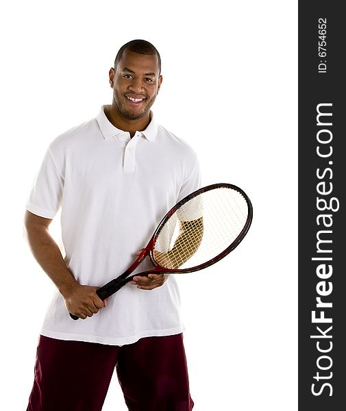 A black athletic man in a white shirt and tennis racket. A black athletic man in a white shirt and tennis racket