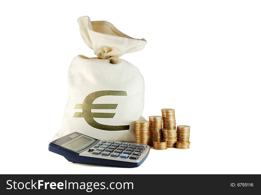 Bag of money and coins and calculator near oo the white background
