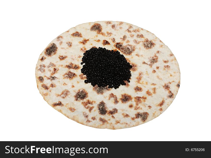 Black caviar  on  flatbread isolated on white background