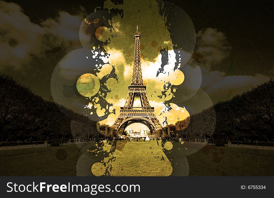 Vinyl splatter music design with overlays on a beautiful wide angle perspective Eiffel tower shot. Vinyl splatter music design with overlays on a beautiful wide angle perspective Eiffel tower shot.