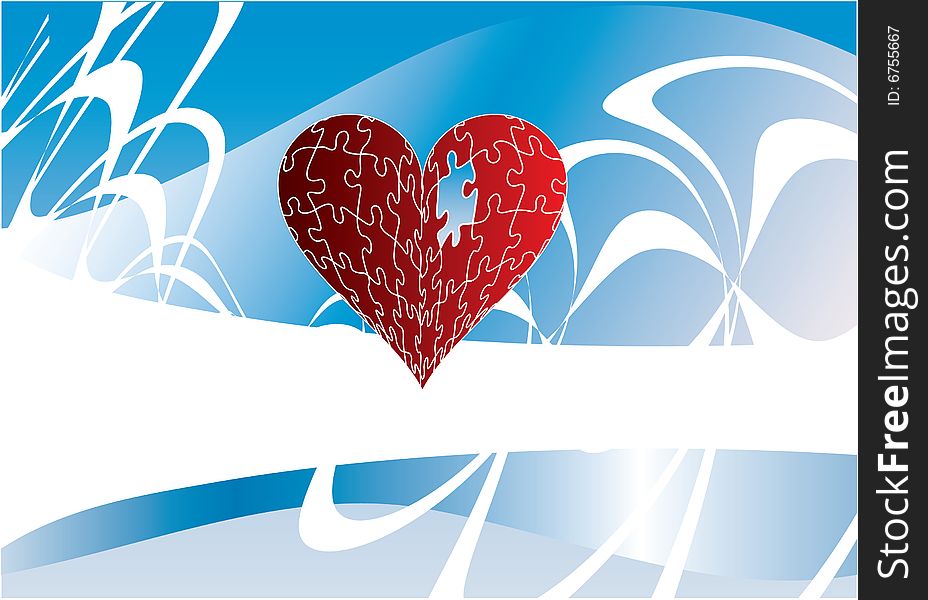 Red heart made of puzzle pieces on blue background