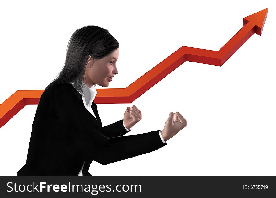 Excited pretty business woman watches growing business diagram. A clipping path is included for the woman. 3D rendering and digitally painted illustration. This is not an actual person. Excited pretty business woman watches growing business diagram. A clipping path is included for the woman. 3D rendering and digitally painted illustration. This is not an actual person.