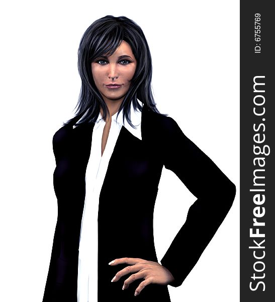 Confident business woman, posing with her hand on her waist, isolated in a white background. 3D rendering and digitaly painted illustration. This is not an actual person. Confident business woman, posing with her hand on her waist, isolated in a white background. 3D rendering and digitaly painted illustration. This is not an actual person.