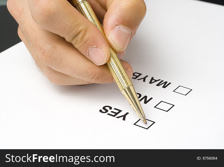 Businessman filling out a questionnaire quality of service. Businessman filling out a questionnaire quality of service