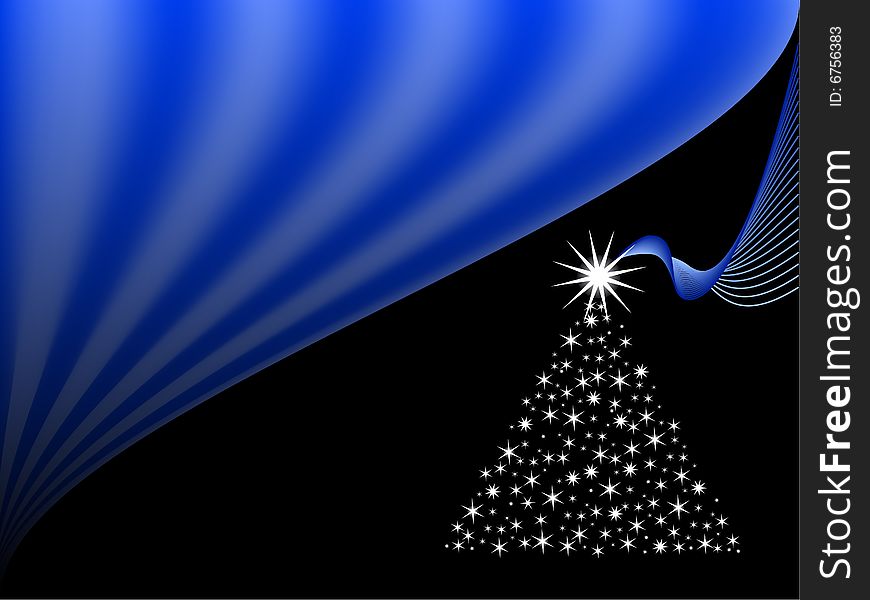 Bright Christmas tree on black background with abstract blue gradient curtain (Vector file AI8 compatible).