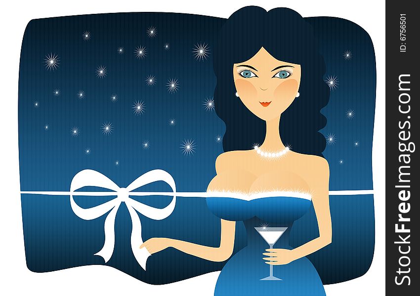 Attractive brunette woman, illustration on the dark-blue background. Attractive brunette woman, illustration on the dark-blue background.