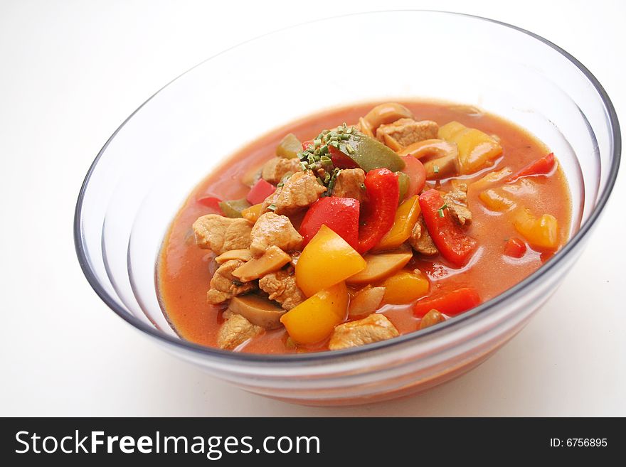 A fresh stew with meat, mushrooms and peppers