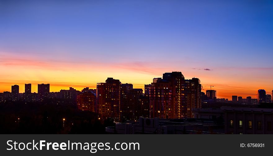 Town is going to sleep, colored sunset in Moscow. Town is going to sleep, colored sunset in Moscow