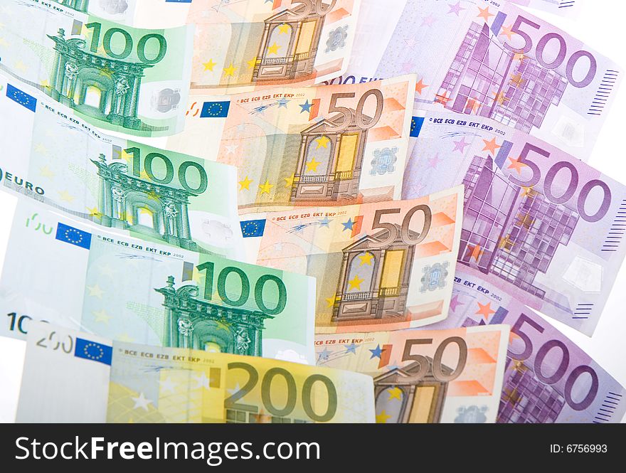 European currency banknotes on white background