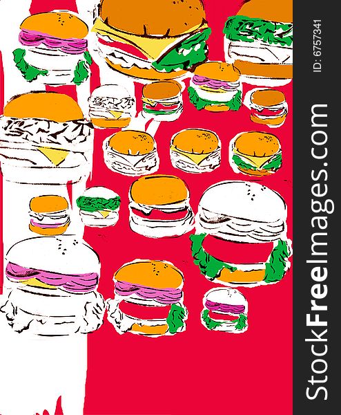 Pop Art Hamburgers and Cheeseburgers on red