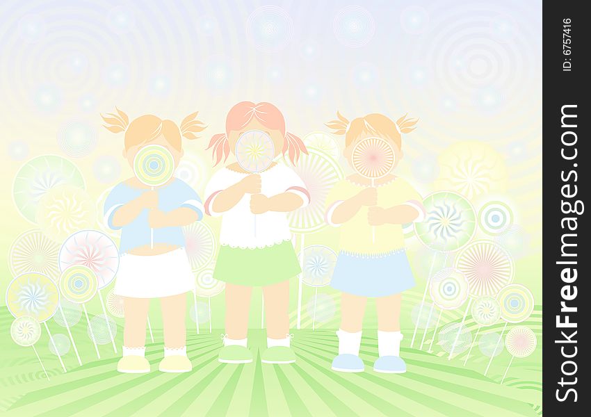 Three girls on the lollipop field, childish  illustration. Three girls on the lollipop field, childish  illustration.